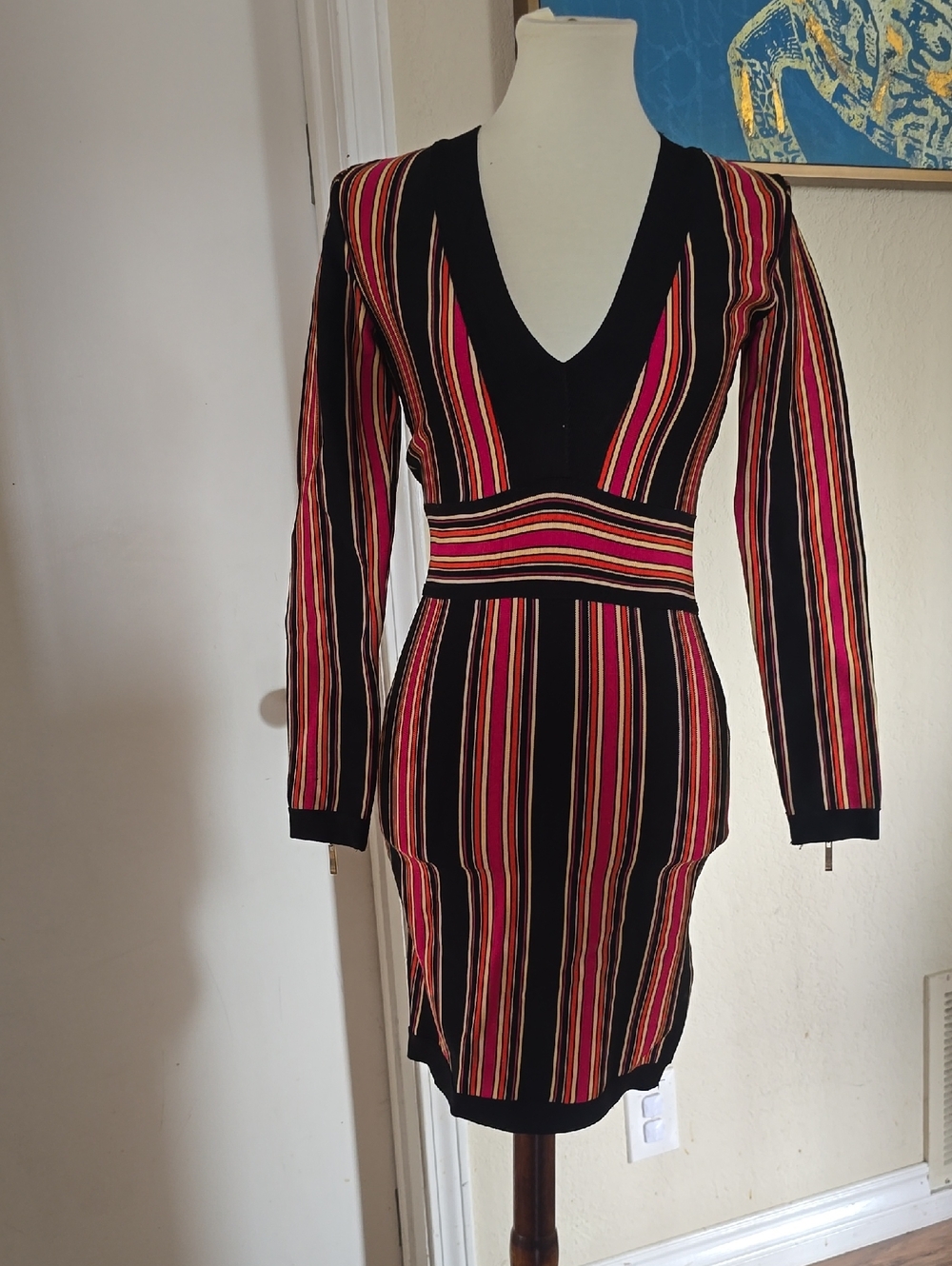 Bandage Black Multicolor Striped V-Neck Bodycon Dress